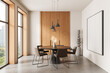© ImageFlow - Modern dining room interior with round table, chairs, pendant lights, wooden accents and blank wall art mockup in bright minimalist layout concept. 3D Rendering