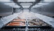 © DigitalSpace - Medium shot of a singlelane blast freezing tunnel with trays of fresh seafood rapidly chilled by highvelocity cold air highlighting the frosty industrial environment.
