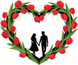 © MdRakib - Silhouette of a couple holding hands inside a heart shaped red tulip flower wreath vector illustration for romance.