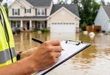 Close-up of an adjuster writing on a clipboard while standing in floodwater in front of a submerged suburban home.