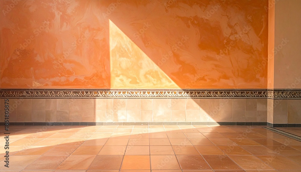 Triangular Room Pattern Floor Orange-tiled room with brown tiled floor, decorative horizontal strip ...