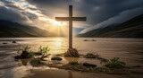 Flooded valley cross or crucifix surrounded by rising water floating debris storm aftermath golden sunlight and dramatic cloud reflections for Christmas