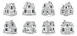 © vadymstock - A collection of eight hand-drawn houses in black and white vector style, perfect for architectural design projects