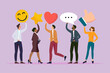 © ivectorstock - Diverse group of people holding social media emoji icons like, thumbs up, hearts, smiles, stars, and speech bubbles, online engagement illustration, user reactions, positive reviews, vector clipart