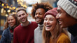 © Kateryna - Faceless diverse friends in sweaters laughing outside heavily defocused cold morning background anonymous group with seasonal clothing friendship bonding moment winter social