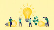© solom - professional business team collaborating around large glowing light bulbs and green plants representing sustainable innovation startup success and creative strategy solutions