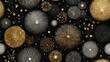 © ZHI - A seamless repeating pattern against a dark background in metallic gold and silver tones, featuring stylized rotating fireworks, classic clock faces, and bubbling champagne glasses.