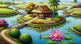 Idyllic Thatched Cottage Island with Lotus 3D Oil Painting relief wallpaper for mural wall art, canvas print, wall decor painting design