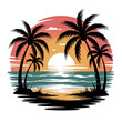 © Joanna Redesiuk - A vibrant sunset is depicted with palm trees silhouetted against the colorful sky