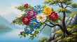 © printartist - Colorful Peony Flowers over Blue Lake Oil Painting 3D Wall Mural. floral landscapes. 3d floral art, floral wallpaper, Luxurious textile tile wall art