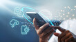 © GPX - Hand holding smartphone with digital interface of icons and data streams