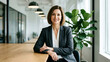 © Art_spiral - a professional businesswoman with a warm smile poses confidently in a modern office setting with plants and lighting high quality detailed
