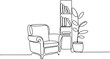 © Hossen - Home office with furniture in continuous one line drawing. Indoor household for living room with armchair and plant with shelf in simple .one line  vector illustration  with out background