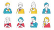© Myanee - Diverse Group of People Enjoying Beverages: Coffee, Juice, and Wine Illustrations