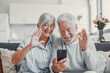 © Daniel - Senior couple, selfie and video call with phone in living room, lounge or family home. Happy, elderly and old man, woman and people taking photograph on smartphone, mobile and technology in apartment