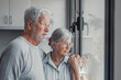 © Daniel - Anxious scared elderly couple embracing, facing troubles together. Family love, senior years in trust, health issue, mutual support empathy in crisis, wife consoling thoughtful husband look out window