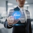 © Stock Steps - Professional businessman touching glowing digital technology interface screen with hexagonal icons in a modern corporate office environment