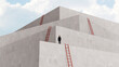 © BPawesome - Man standing on minimalist tiered architectural platforms with red ladders, representing career growth, professional challenges, and the climb to success, 3D render