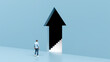 © BPawesome - Man walking toward a large arrow shaped doorway with a staircase leading upward, symbolizing career growth, strategic path, and new opportunity, 3d render