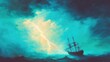 © tashechka - Stormy waters with a ship caught in lightning at sea in dusk hours