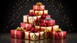 © MD - A professional product photography shot of a pyramid-shaped stack of luxury Christmas gifts against a black background with scattered golden and silver confetti.