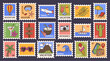 © WinWin - Summer travel stamps. Beach, palm and airplane for vacation postcards, adventure memories and tourism poster. Hand drawn vector set of marine and island icons for vintage postage fun sticker