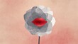© LuDo - Surreal digital artwork of a gray flower with red lips at its center and a single red stem on textured off-white background
