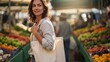 © Valentina Sorokina - Young woman smiling while shopping for fresh produce at market - Concept of color of the year, ecology, natural fabrics, healthy eating