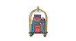 © Rabby - Golden hotel luggage cart, or bellboy trolley, stacked high with a variety of colorful vintage suitcases and bags for travel.