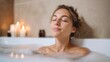 © StockHero - Woman in a relaxing bubble bath with closed eyes, surrounded by candles, enjoying a tranquil moment of self-care and wellness in a serene bathroom environment