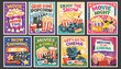 © Nataliia - Colorful retro cinema posters vector set with popcorn, clapperboard, film reel, camera and fun typography. Perfect for movie night, cinema events, promotions and entertainment designs.