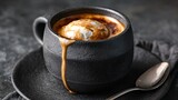 Espresso affogato-style drink, dark ceramic cup, matte charcoal surface