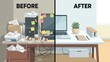 © Flux Imagery - Split screen comparison vector illustration showing messy chaotic office desk versus clean organized workspace representing productivity improvement and organization skills for business efficiency