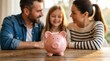 © Volha - Parents and daughter looking at piggy bank on wooden table at home.