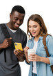 © Valentin - young afro-american man in dark t-shirt and caucasian woman in denim shirt, sharing a moment of joyful amusement looking at a yellow smartphone screen, high-key studio background. concept of modern