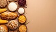 © Anggi - Abundant collection of grain and starchy foods with bread corn rice beans and chickpeas on earth toned background