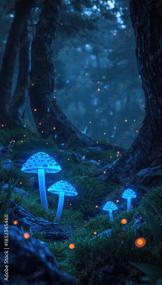 8k 3d wallpaper for mobile mystical forest with glowing blue mushrooms and fireflies at night