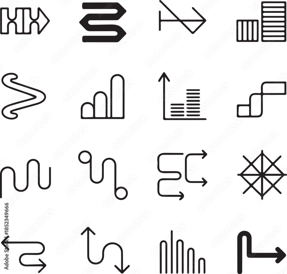 Abstract arrows and data flow line icon set with navigation symbols ...