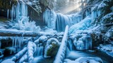 Frozen waterfalls and cascades where flowing water has turned into fantastic, blue-tinged ice sculptures, draped over rocks and logs.