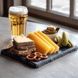 © visoot - Cheese bread pretzel pickles nuts beer glass snack appetizer rustic wooden table daylight cozy