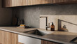 © instantnoodledude6 - Modern minimalist kitchen sink area with concrete counter and wooden cabinets
