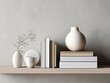 © Shahryar - Curated shelf with stacked books sculpture and minimalist vase bone white and pale gray interior tones