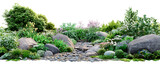 A vibrant landscape featuring lush greenery rocks and a small stream