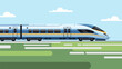 © Ramen - Modern high-speed train traveling across a green landscape under a blue sky with clouds, flat illustration.