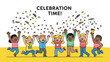 © gama - Diverse group of happy children celebrating with confetti and raised hands in joyful festive atmosphere with yellow background