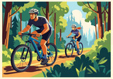 cyclists ride through the forest on mountain bikes . Generative AI
