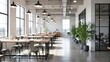 © Aziaur R. - Modern office cafeteria with large windows and lush greenery