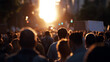 © Curioso.Photography - Crowd of protesters raising hands and signs during a demonstration at sunset.