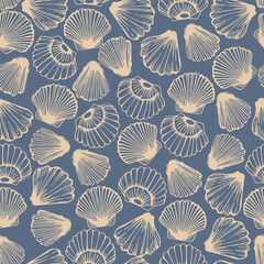 Naklejka na meble Shells Seamless Pattern. Sea Underwater Wallpaper Design. Shell, Mollusk and Oyster Marine Nautical Endless Background in Sketch Hand Drawn Style. Vector Line Art Background