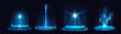 © klyaksun - Magic portal podium set with glowing blue light effects. Futuristic hologram platforms with neon beams, sparkles and energy rings. Tech stage designs with cyberpunk aura and digital laser displays.
